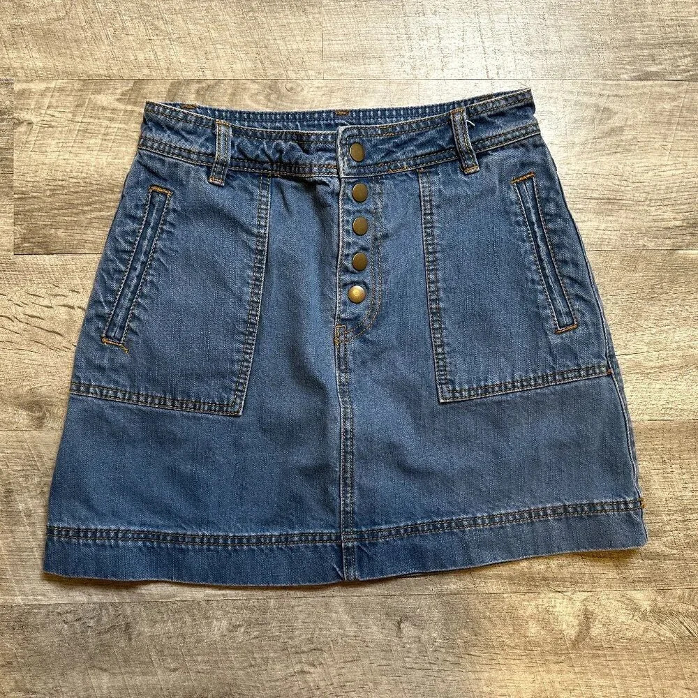 Free People Denim Jean Short Skirt Button Up Mini Pockets Blue Women's Size 25